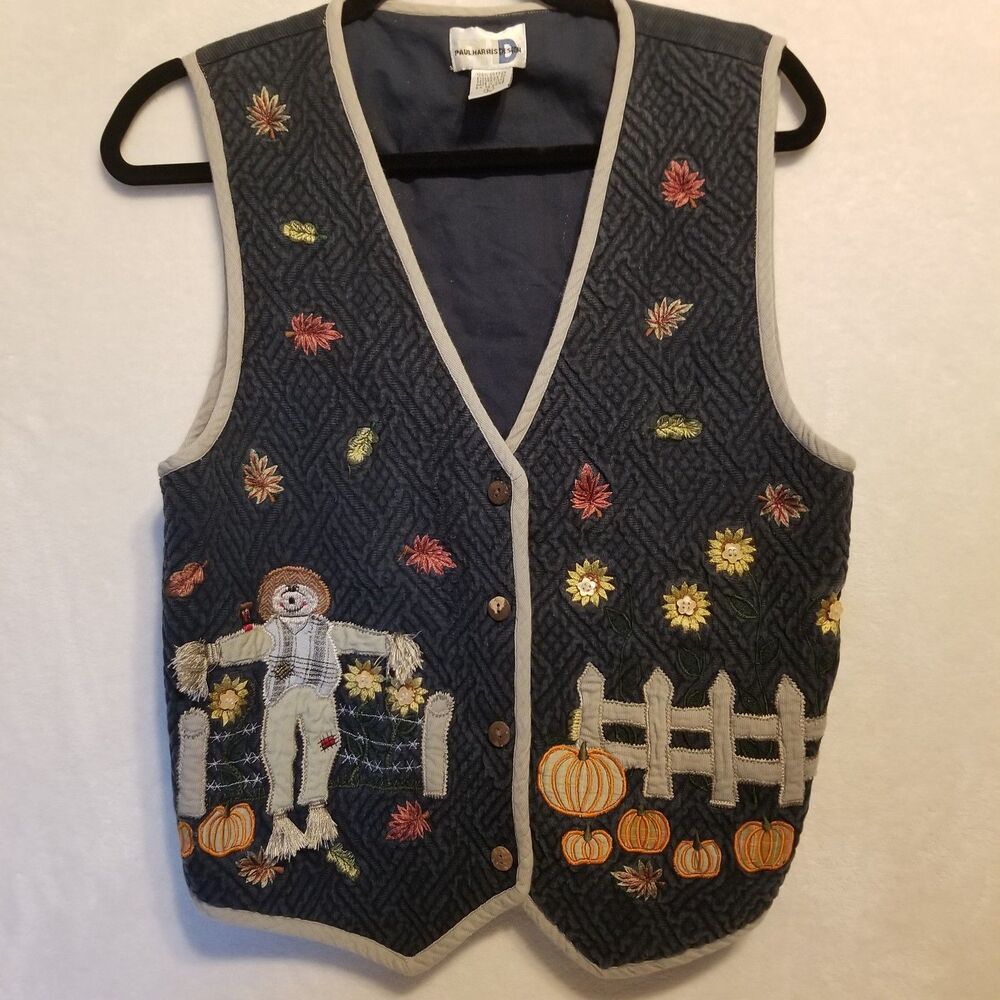 Paul Harris L Vest Cotton Blend Quilted Corduroy Fall Pumpkin Scarecrow Vintage